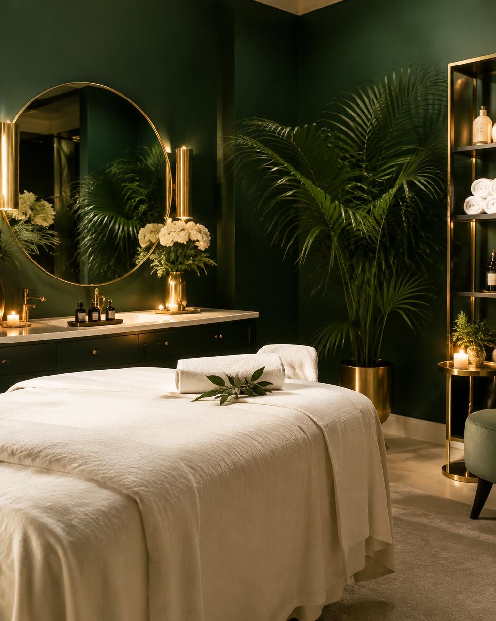 Illustrative image of an emerald-toned spa treatment room